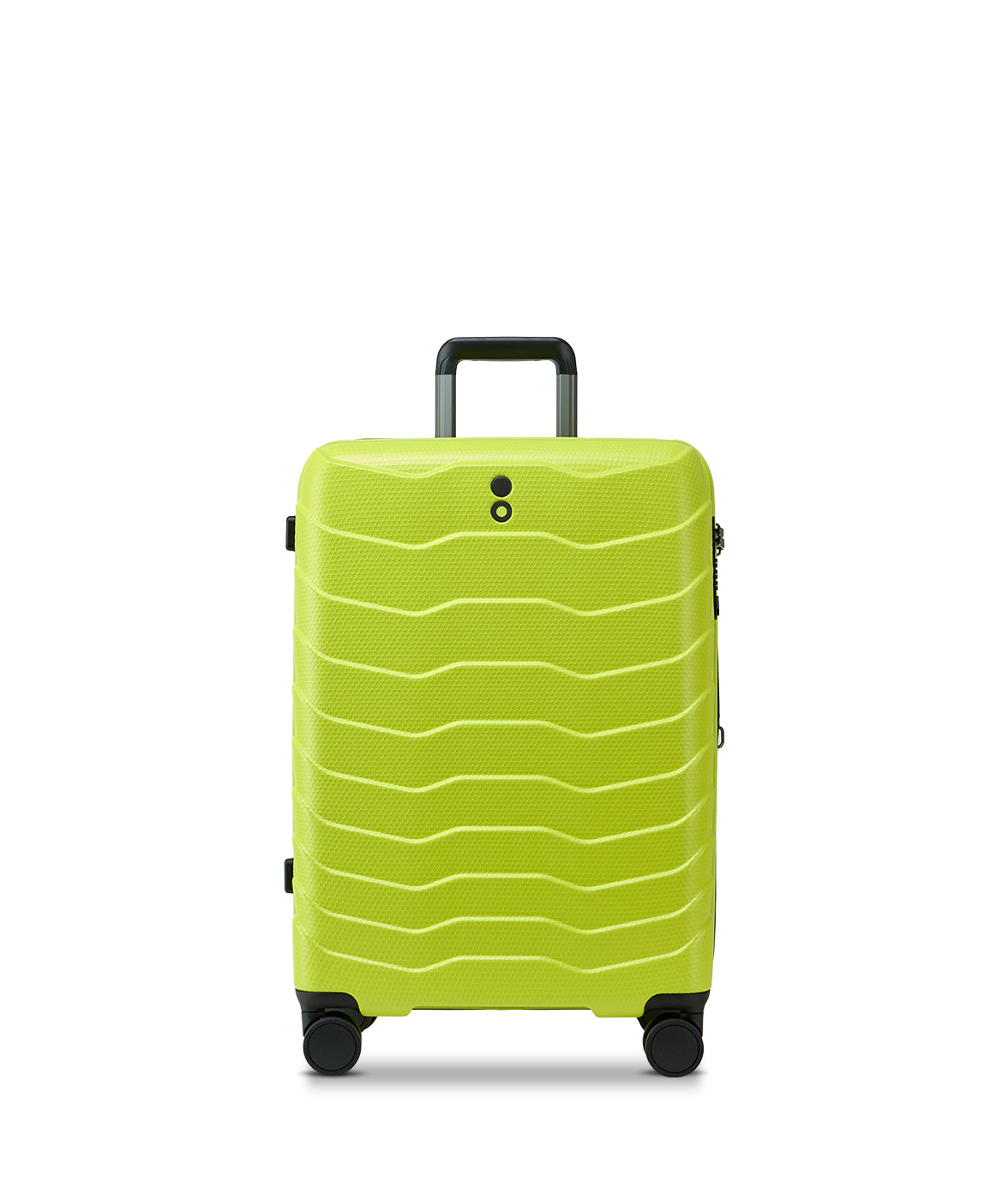 Green suitcase with a textured surface on a white background