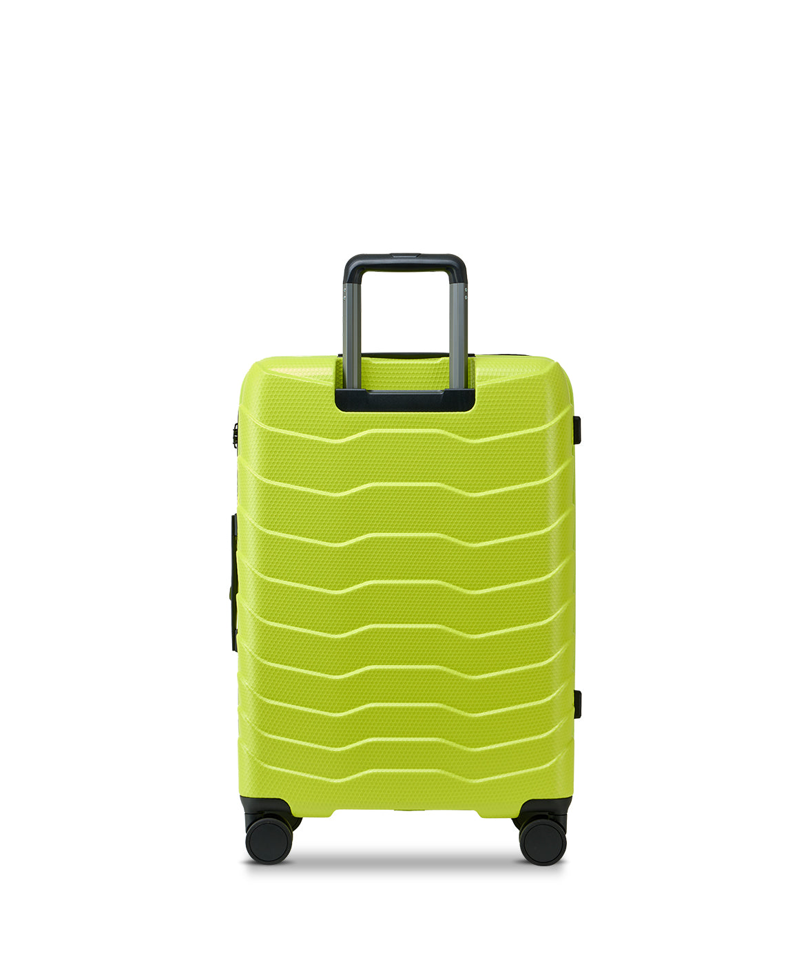 Green suitcase with a wavy pattern on a white background