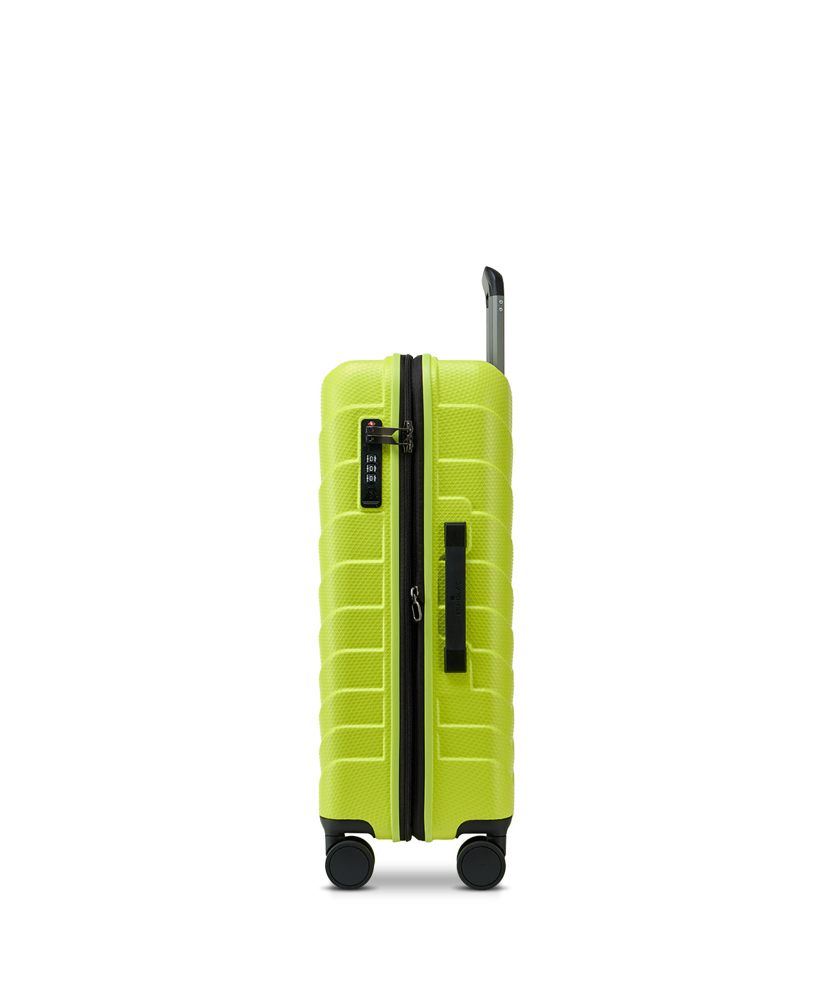 Green suitcase with black handle and wheels on a white background