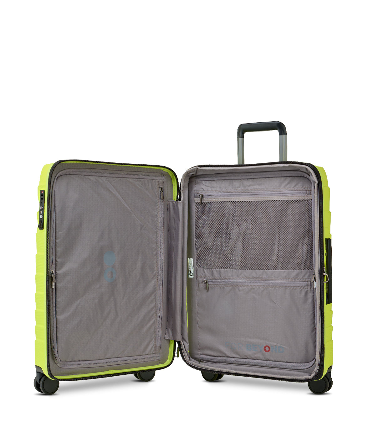 Open suitcase with green exterior and gray interior on a white background