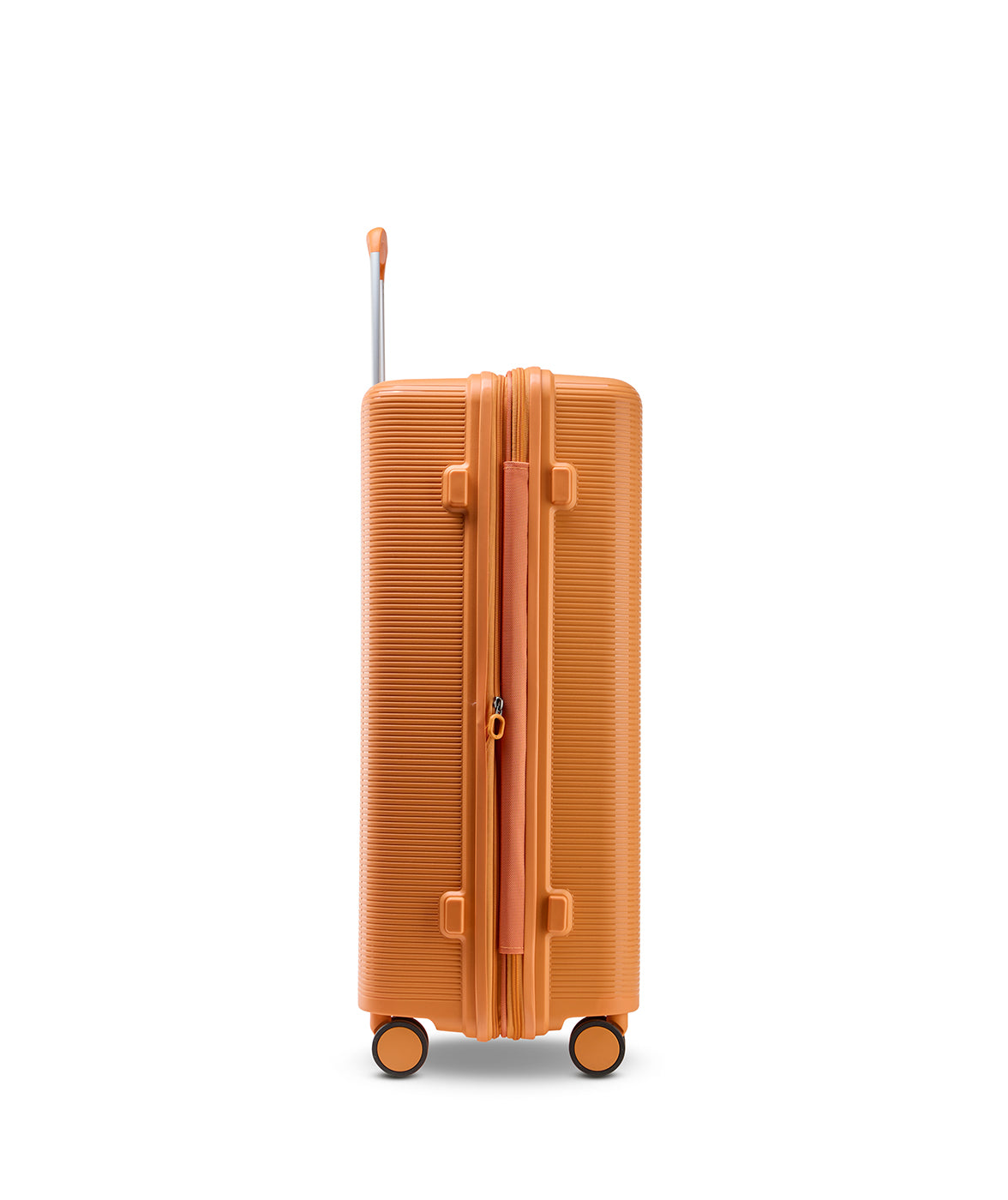 Orange suitcase with a textured surface on a white background