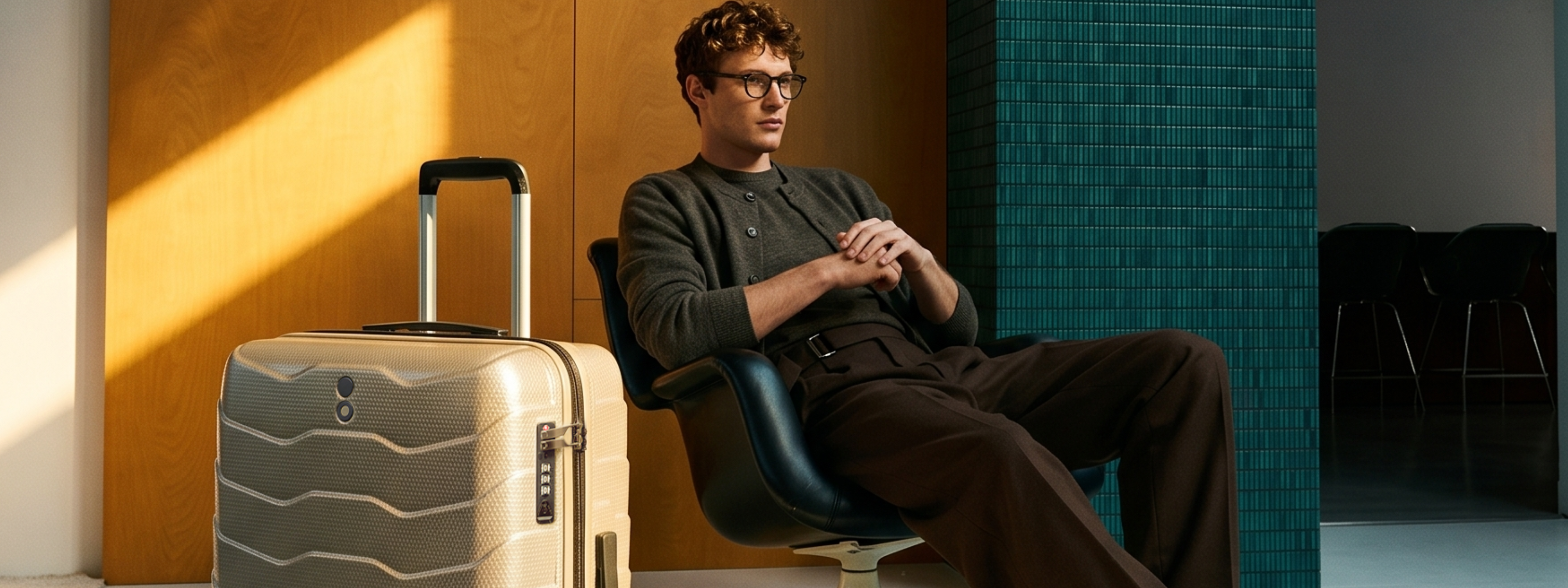 Man sitting with a suitcase in a room with a yellow wall and blue tiles.
