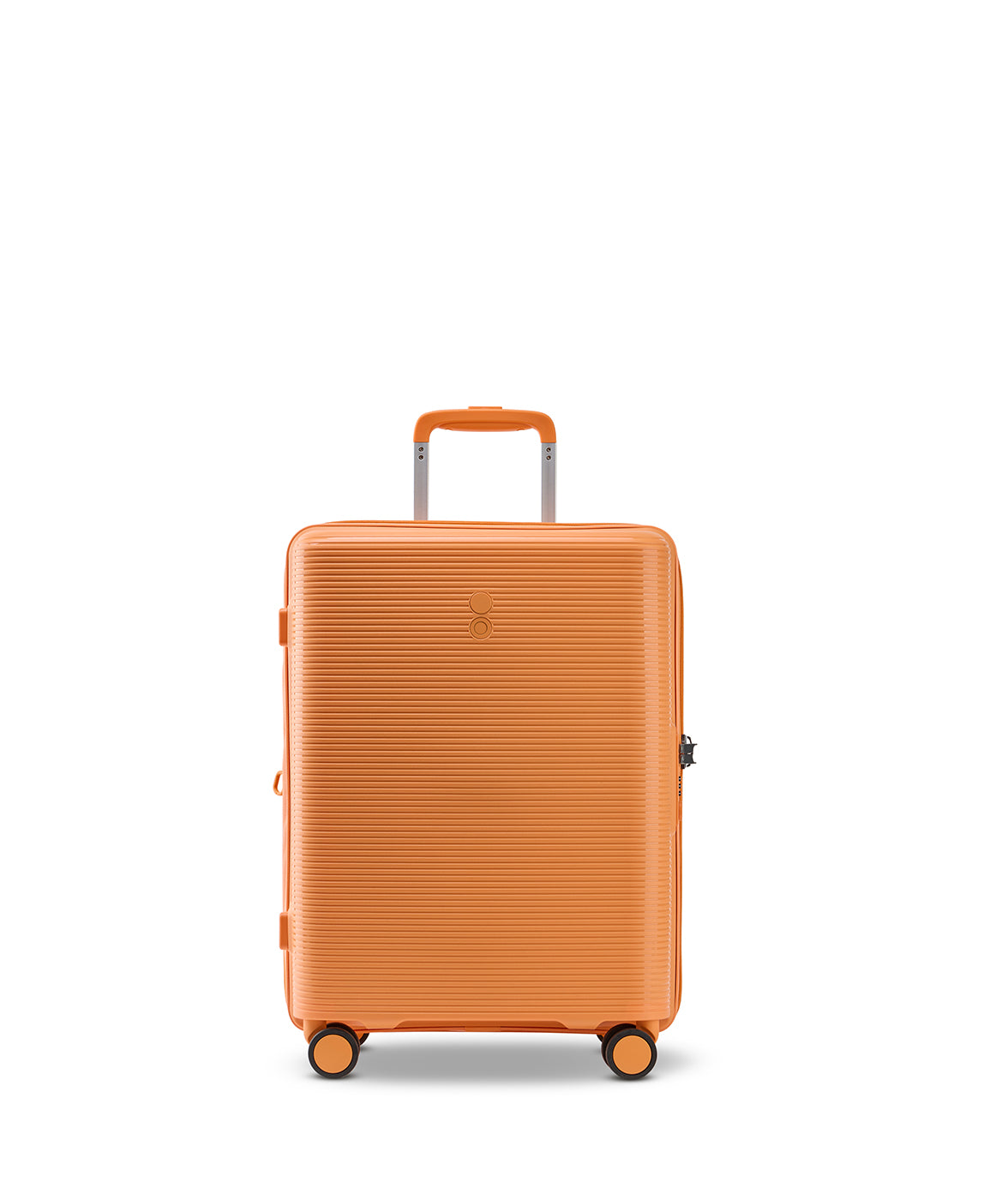 Orange suitcase with a visible brand logo on a white background